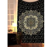 raajsee Mandala Tapestry, Room Decoration, Black Gold Wall Tapestry, Boho Wall Decoration, Wall Hanging, Psychedelic, 132 x 208 cm