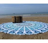 raajsee Round Beach Towel Boho Throw Hippie Tapestry Cotton Table Cloth Meditation Yoga Mat Rugs (WHITE BLUE)