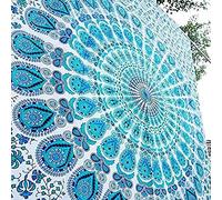 raajsee White Blue Tapestry Hippie Boho Beach Blanket Mandala Roundie Indian Cotton Throw - Home Décor Indie Rug Yoga Mat Meditation Picnic Rugs 210X220 CMS