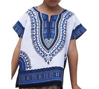 RaanPahMuang Unisex Bright Africa Classic Childrens Dashiki Cotton Shirt Boys Girls, Dark Blue on White, 8-10 Years