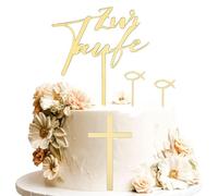 RabbFit 4 Pack Christening Cake Toppers Cross, Christening Cross Cake Topper, Acrylic Gold Cake Topper Fish Communion Cupcake Topper for Baby Shower Cake Decoration