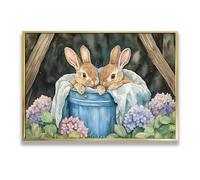 Rabbit and Blue Bucket Canvas Wall Art Hydrangea Flowers Cute Animal Painting Picture Vintage Print Pastoral Style Artwork Prints for Cafe 40x60cm With Gold Frame