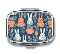 Rabbit and Carrot Pill Organizer Metal Pill Box - 2 Compartments, Sleek & Portable Medicine Case for Travel, Daily Use
