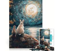 Rabbit And Cat Under Full Moon 1000 Pieces Jigsaw Puzzles for Adults Mental Logic Toy Serene Time Firm Cut (38x26cm)
