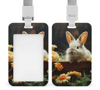 Rabbit and Flower Badge Holder with Lanyard - Waterproof Hard Plastic ID Card Holder Professional Name Tag Vertical ID Card Name Badge for Office Nurse Doctor Teacher
