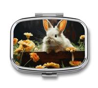 Rabbit and Flower Pill Case with 2 Compartment, Pill Organizer Portable Square Pill Box,Vitamin Pill Organizer for Pocket Purse and Travel
