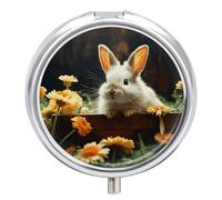 Rabbit and Flower Pill Organizer 3 Compartments, Round Small Pill Box for Purse & Pocket, Portable Daily Medicine Box to Hold Vitamins, Supplements, Pills, Fish Oil