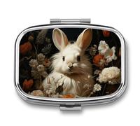 Rabbit and Flowers Pill Box 2 Compartment - Small Metal Medicine Organizer Portable Pill Case for Purse Pocket Travel Vitamin Organizer for Men Women, BPA-Free