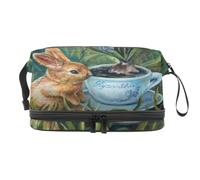 Rabbit and Hyacinth Plant Double Layer Cosmetic Bag for Women and Girls, Travel Toiletry Bag Makeup Handy Pouch Organiser Bag with Brush Compartment