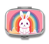 Rabbit and Rainbow Pill Box 2 Compartment, Portable Pill Case with Mirror for Pocket Purse Travel, Mini Metal Medicine Organizer for Vitamins Fish Oil