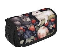 Rabbit And Strawberry Pencil Case Organizer - Large Capacity 3 Compartment Pencil Pouch for Adults, Portable Makeup Bag & Aesthetic Stationery Bag with Zipper (8.7x4.3") Unisex Gift