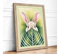 Rabbit and Striped Leaf Boho Framed Wall Art Print A2 (59.4×42cm) Oak, Wall Decor for Living Room, Bedroom, Office & Home, Ready to Hang, Art Gift