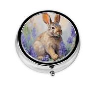 Rabbit Animal Hyacinth Floral Round Pill Box with 3 Compartments, Mini Metal Pill Organizer for Purse or Pocket, Lightweight Portable for Daily Use Gifts Travel