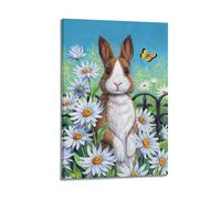 Rabbit Animal Standing Among Daisies with Butterfly Nearby Poster Modern Wall Art Canvas Aesthetic Decoration Painting 08x12inch(20x30cm) Frame-style