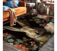 Rabbit Area Rug, Nature Vintage Flowers Leaves Spring Brown Low Pile Edge Binding Home Rectangle Carpet Rugs for Living Room Bedroom New Home Dining Decor 5' X 7'