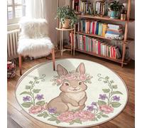 Rabbit Area Rug, Spring Fanciful Flowers Leaves Spring Pastel Peach Low Pile Edge Binding Doormat Throw Rug Circle Bathroom Laundry Room Kitchen Entryway Decor 4' X 4'