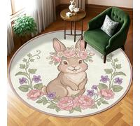 Rabbit Area Rug, Spring Fanciful Flowers Leaves Spring Pastel Peach Low Pile Edge Binding Home Circle Carpet Rugs for Living Room Bedroom Kitchen Hallway Decor 6' X 6'