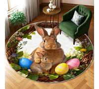 Rabbit Area Rug, Spring Festive Egg Basket Easter Pastel Low Pile Edge Binding Home Circle Carpet Rugs for Living Room Bedroom Classroom Apartment Decor 6' X 6'