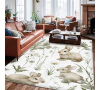 Rabbit Area Rug, Spring Natural Chrysanthemum Fern Spring Green Low Pile Rectangle Floor Carpets Edge Binding Rugs for Living Room Bedroom Kitchen Hallway Decor 6' X 9'