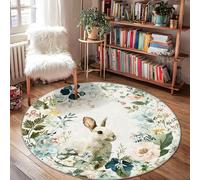 Rabbit Area Rug, Spring Nature Flowers Leaves Spring Pastel Green Non-Slip Backing Edge Binding Doormat Throw Rug Circle Bathroom Entryway Bedside Doorway Decor 4' X 4'