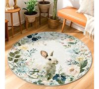 Rabbit Area Rug, Spring Nature Flowers Leaves Spring Pastel Green Non-Slip Backing Edge Binding Doormat Throw Rug Circle Entryway Bathroom Laundry Room Decor 3' X 3'