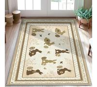 Rabbit Area Rug, Spring Rustic Egg Flower Easter Beige Non-Slip Backing Doormat Rectangle Throw Rug Non Shedding Entryway Bathroom Laundry Room Decor 3' X 5'