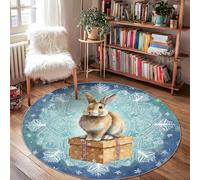 Rabbit Area Rug, Winter Festive Gift Box Snowflakes Winter Blue Low Pile Edge Binding Doormat Throw Rug Circle Laundry Room Bathroom Doorway Entryway Decor 4' X 4'