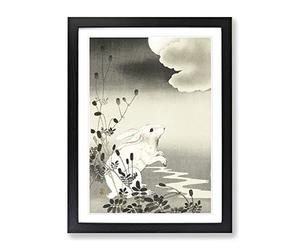 Rabbit At Full Moon By Ohara Koson Asian Japanese Framed Print | A3 Black Framed Wall Art | Ready to Hang | Asian Space Picture | Living Room Bedroom Lounge Office