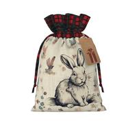 Rabbit Background Christmas Drawstring Linen Gift Bag Paired With Scottish Plaid Fabric, With A Delicate And Simple Texture