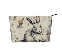 Rabbit Background Printed Corduroy Makeup Bag for Women Cute Make up Bag Travel Cosmetic Bag with Wristlet