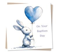 Rabbit Baptism Card in Blue - On Your Baptism Day - Beautiful Design - for Boy, Girl, Child, Godchild, Children, Niece, Nephew, Grandson, Grandaughter, Daughter or Son