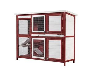 Rabbit Barn with Two Levels & Stairs, Removable Floor, from Wood, Red-white