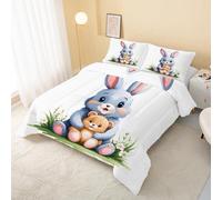 Rabbit Blue Green Flowers Coverless Duvet Single 7.5 Tog, Cute Cartoons Soft Quilt for Kids Boys Girls, Lightweight Comforter Set for All Seasons, Easy Care Bedding Single Bed Size W&412