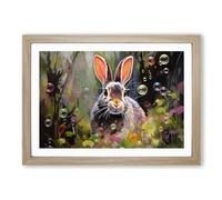 Rabbit Bubbles Framed Print | A2 Oak Framed Wall Art | Ready to Hang | Modern Animal Picture | Living Room Bedroom Lounge Office