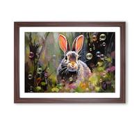 Rabbit Bubbles Framed Print | A2 Walnut Framed Wall Art | Ready to Hang | Modern Animal Picture | Living Room Bedroom Lounge Office