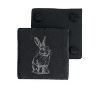 Rabbit Bunny Engraved Slate Drink Coasters with Foam Pads, 10 cm, Set of 2