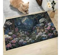 Rabbit, Butterfly, Flower Bush Welcome Mats Fantasy Forest Dream Indoor Door Mat Dirt Trapper Doormats with Non Slip Rubber Backing Entrance Decorative for Porch, Inside, 50 x 80 cm, Blue-Green