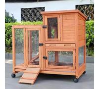 Rabbit Cage, 2 Story Outdoor Wooden Bunny Coop with 4 Wheels and Leak-proof Trays, Chicken House for Small-Medium Animals