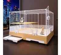 Rabbit Cage Indoor on Wheels, Rabbit Cage with Urine Baffle/Netting Floor, Internal Ladder, Platform, Pull-out Tray, for Small Animals