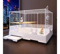 Rabbit Cage Indoor on Wheels, Rabbit Cage with Urine Baffle/Netting Floor, Internal Ladder, Platform, Pull-out Tray, for Small Animals