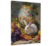 Rabbit Canvas Kitchen Wall Art, Still Life Vintage Egg Grapes Spring Yellow Artwork Wall Hanging Painting Home Dining Bathroom Cubicle Restaurant Decor 8x10 Inch