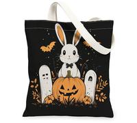 Rabbit Canvas Tote Bag for Women, Halloween Playful Pumpkin Ghost Halloween Orange Washable Reusable Shopping Bag Ideas for Family Friends Colleagues Reading Loves 13x15 Inch