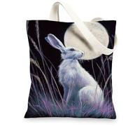 Rabbit Canvas Tote Bags, Artistic Bunny Design Reusable Shopping Bags, Bohemian Night Sky Lightweight Washable Shoulder Bags for Gym Travel Outdoor 13x15 Inch