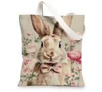 Rabbit Canvas Tote Bags, Cute Bunny Pattern Reusable Grocery Bags, Vintage Floral Lightweight Washable Shoulder Strap, Beige, 13x15 Inch