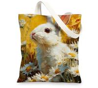 Rabbit Canvas Tote Bags, Cute Bunny Pattern Reusable Shopping Bags, Vintage Floral Lightweight Washable Shoulder Strap Canv, White, 13x15 Inch