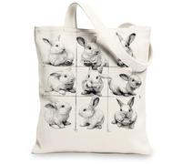 Rabbit Canvas Tote Bags, Cute Bunny Pattern Reusable Shopping Bags, Vintage Lightweight Washable Shoulder Strap Canvas Bags, Beige, 13x15 Inch