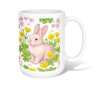 Rabbit Ceramic Coffee Mug, Spring Fanciful Flowers Buttercups Spring Pastel Peach Novelty Tea Mug with Handle Ideal for Friendship Family Colleague Staff Sweetheart Teachers 15 Oz