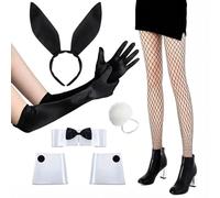 Rabbit Costume Women's 7-Piece Bunny Costume Set with Rabbit Ears Headband Gloves Bow Tie Cuffs Tail Net Stockings Halloween Costume Women's Sexy Halloween Costume Women Bunny Girl Cosplay