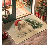 Rabbit Door Mat, Christmas Festive Xmas Tree Santa Hat Red Non-Slip Dirt Trapper Decorative Doormat Entryway Decor for Front Porch Bathroom Office 29x17 Inch