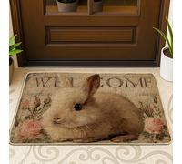 Rabbit Door Mat, Farmhouse Rustic Roses Welcome Spring Brown Washable Low Profile Back Doormat Home Decor for Entryway Outdoor Porch Balcony 29x17 Inch